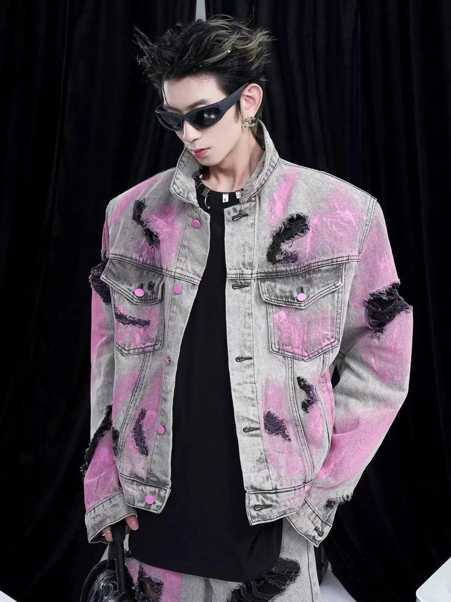 Veste en Denim Graffiti Délavée Grande Taille Homme