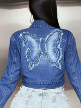 Butterfly Patch Long Sleeve Cropped Denim Top - photo produit 4 - VELZAR