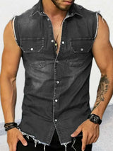 Chemise en Denim Sans Manches Boutons Pression Homme - photo produit 4 - VELZAR