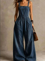 Full Size Wide Leg Denim Jumpsuit with Adjustable Straps and Pockets Plus Size - photo produit 3 - VELZAR