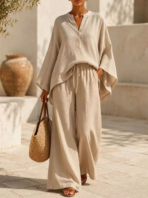 Full Size Notched Long Sleeve Top and Wide-Leg Pants Set Plus Size - photo produit 1 - VELZAR