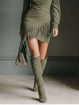 Full Size Suede Fringe Long Sleeve Dress Plus Size - photo produit 3 - VELZAR