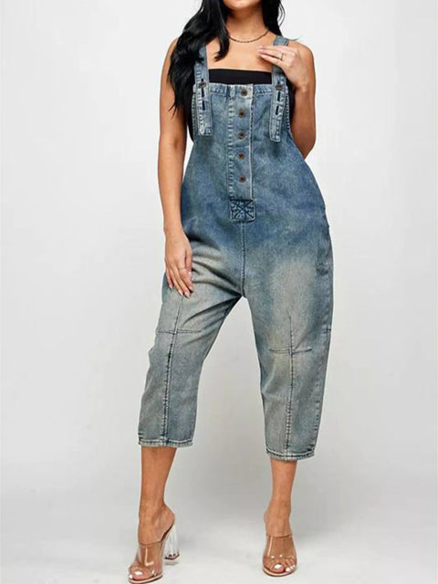 Full Size Button Front Denim Overalls with Pockets Plus Size - photo produit 1 - VELZAR