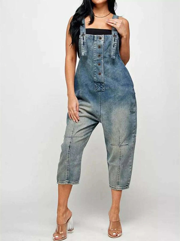 Full Size Button Front Denim Overalls with Pockets Plus Size - photo produit 1 - VELZAR