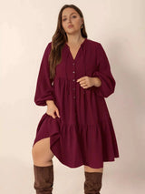Plus Size Button Front Balloon Sleeve Dress - photo produit 2 - VELZAR