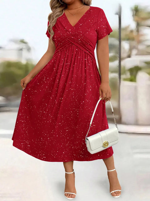 Full Size Glitter Flutter Sleeve Midi Dress Plus Size - photo produit 1 - VELZAR
