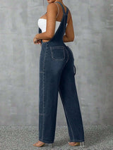 Zip Front Wide Strap Denim Overalls - photo produit 2 - VELZAR