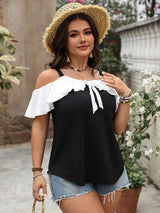 Plus Size Ruffled Contrast Short Sleeve Blouse - photo produit 4 - VELZAR