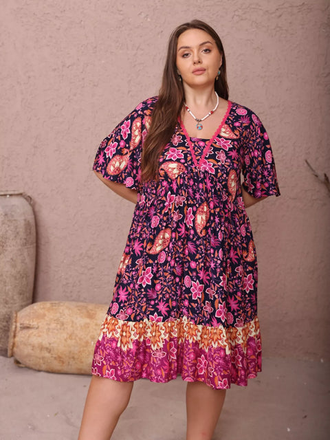 Plus Size Floral Flutter Sleeve Dress - photo produit 1 - VELZAR