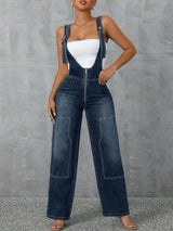 Zip Front Wide Strap Denim Overalls - photo produit 6 - VELZAR