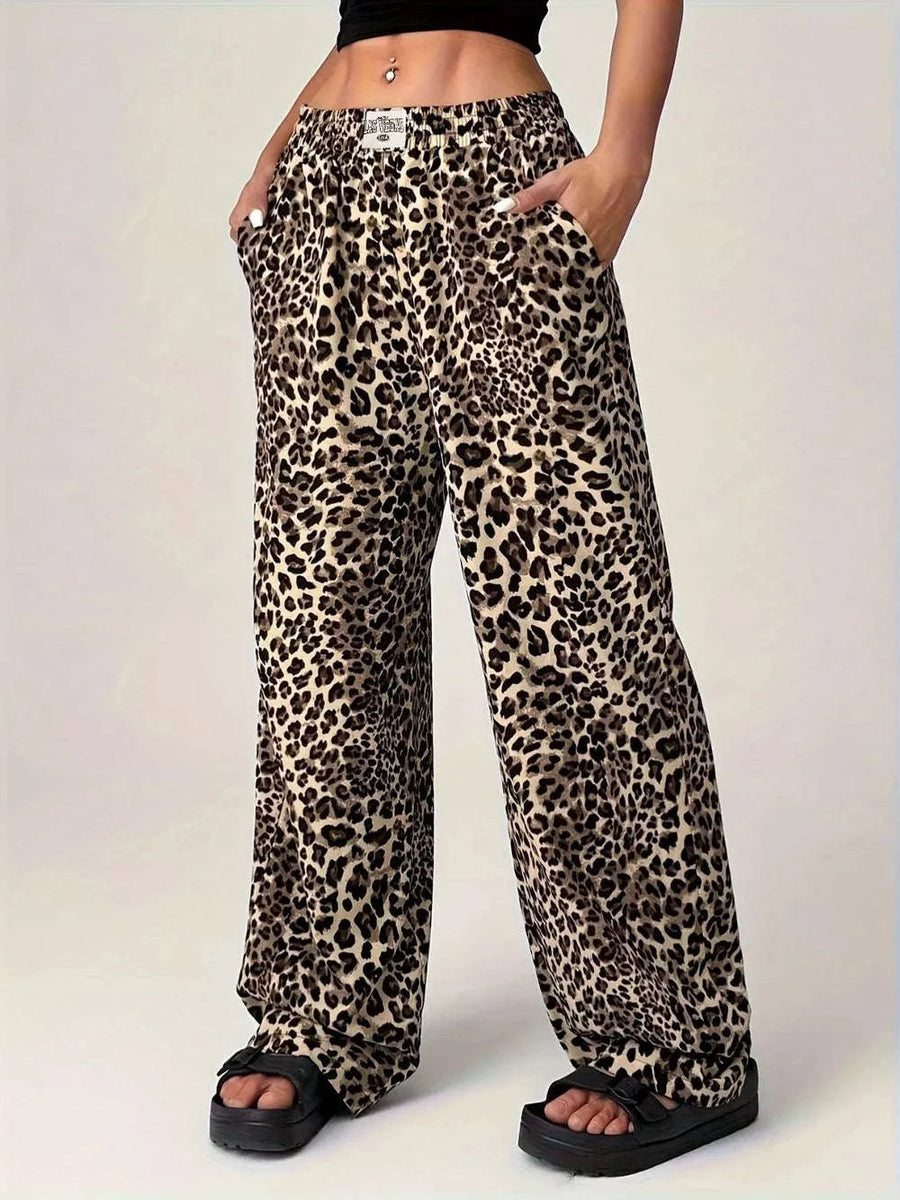 Pantalon Jambe Large à Poches Imprimé Léopard