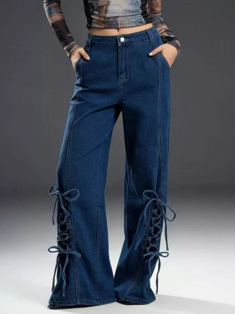 Lace-Up Wide Leg Jeans - photo produit 1 - VELZAR