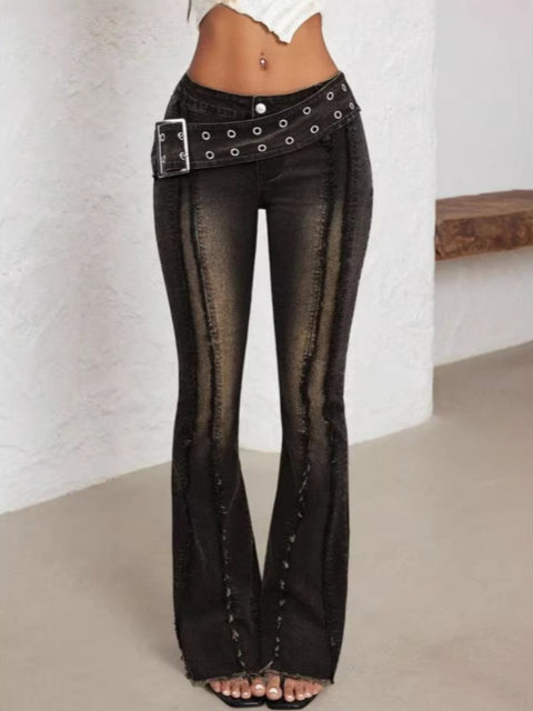Belted High Waist Flare Jeans - photo produit 1 - VELZAR