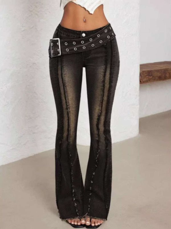 Belted High Waist Flare Jeans - photo produit 1 - VELZAR