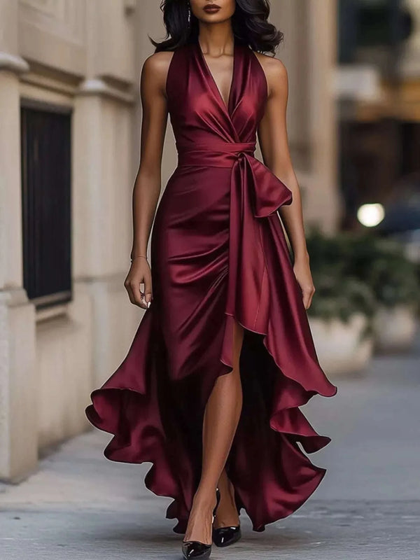 Full Size High-Low Ruffled Satin Maxi Dress Plus Size - photo produit 1 - VELZAR