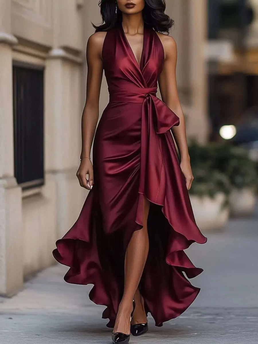 Robe Longue Asymétrique Volantée en Satin Grande Taille