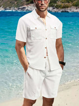 Men's Full Size Button Down Short Sleeve Top and Shorts Set Plus Size - photo produit 2 - VELZAR
