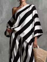 Full Size One-Shoulder Striped Top and Wide-Leg Pants Set Plus Size - photo produit 2 - VELZAR