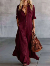 Full Size Button Front Roll-Up Sleeve Maxi Dress Plus Size - photo produit 5 - VELZAR