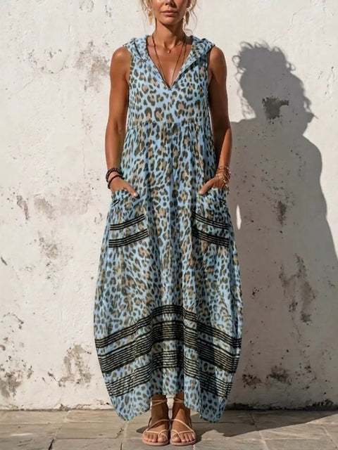 Full Size Sleeveless Hooded Leopard Print Maxi Dress with Pockets Plus Size - photo produit 1 - VELZAR
