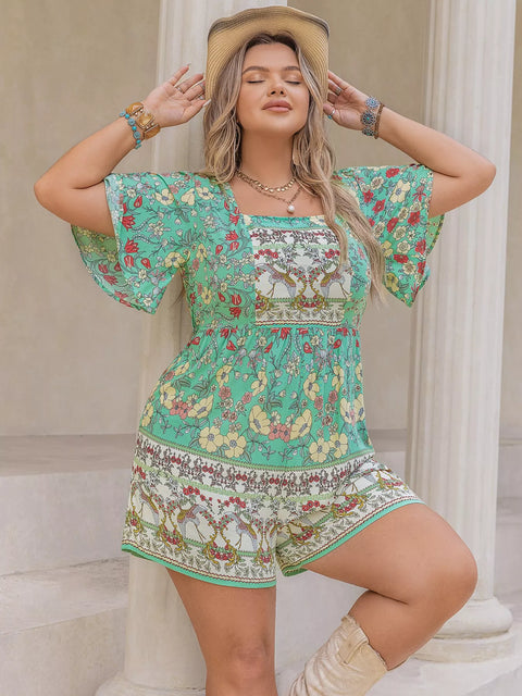 Plus Size Floral Print Square Neck Romper - photo produit 1 - VELZAR