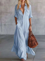 Full Size Button Front Roll-Up Sleeve Maxi Dress Plus Size - photo produit 1 - VELZAR