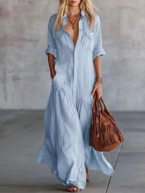 Full Size Button Front Roll-Up Sleeve Maxi Dress Plus Size - photo produit 1 - VELZAR