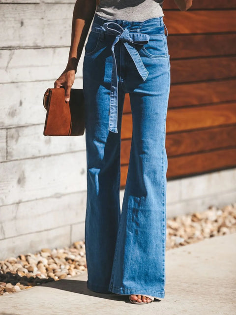 High-Waisted Tie-Front Flare Jeans - photo produit 1 - VELZAR
