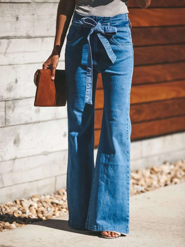 High-Waisted Tie-Front Flare Jeans - photo produit 1 - VELZAR