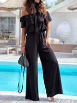 Off-Shoulder Ruffled Wide Leg Jumpsuit - photo produit 2 - VELZAR