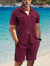 Men's Full Size Button Down Short Sleeve Top and Shorts Set Plus Size - photo produit 5 - VELZAR