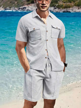 Men's Full Size Button Down Short Sleeve Top and Shorts Set Plus Size - photo produit 6 - VELZAR