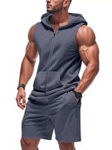 Men's Full Size Zip Up Sleeveless Hoodie & Shorts Set Plus Size - photo produit 5 - VELZAR