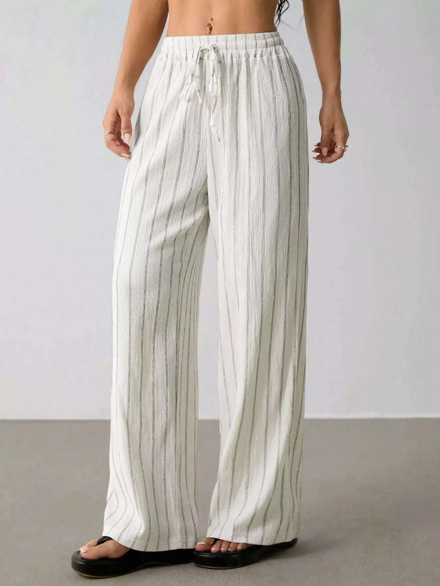 Pantalon Rayé Jambe Large à Cordon