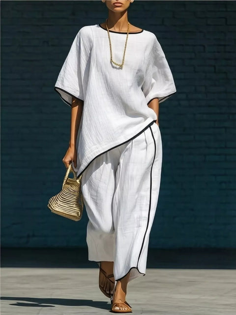 Contrast Trim Round Neck Top and Pants Set - photo produit 1 - VELZAR