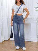Adjustable Strap Washed Wide-Leg Denim Overalls - photo produit 5 - VELZAR