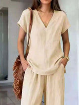 Full Size V-Neck Short Sleeve Top and Pants Set Plus Size - photo produit 4 - VELZAR