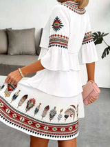 Full Size Printed Notched Ruffled Half Sleeve Dress Plus Size - photo produit 2 - VELZAR