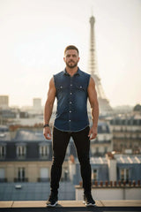 Chemise en Denim Sans Manches Boutons Pression Homme - photo produit 1 - VELZAR
