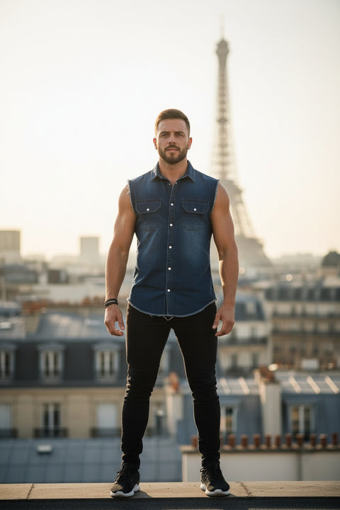 Chemise en Denim Sans Manches Boutons Pression Homme - photo produit 1 - VELZAR