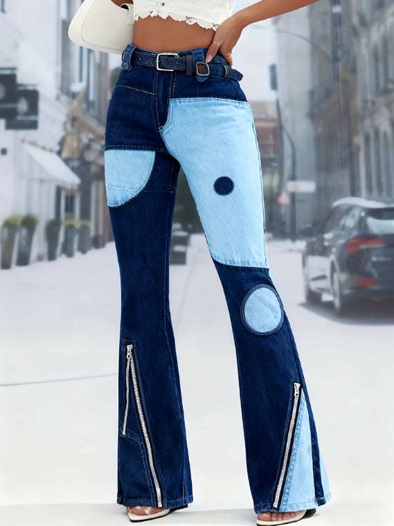 Pantalon Ursime à jambes évasées, fermeture éclair et boutons, patchwork