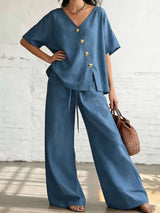 Full Size Surplice Half Sleeve Top and Wide-Leg Pants Set Plus Size - photo produit 1 - VELZAR