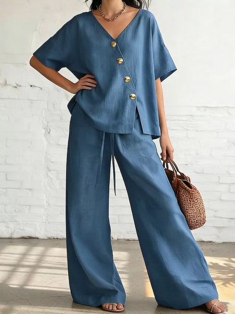Full Size Surplice Half Sleeve Top and Wide-Leg Pants Set Plus Size - photo produit 1 - VELZAR
