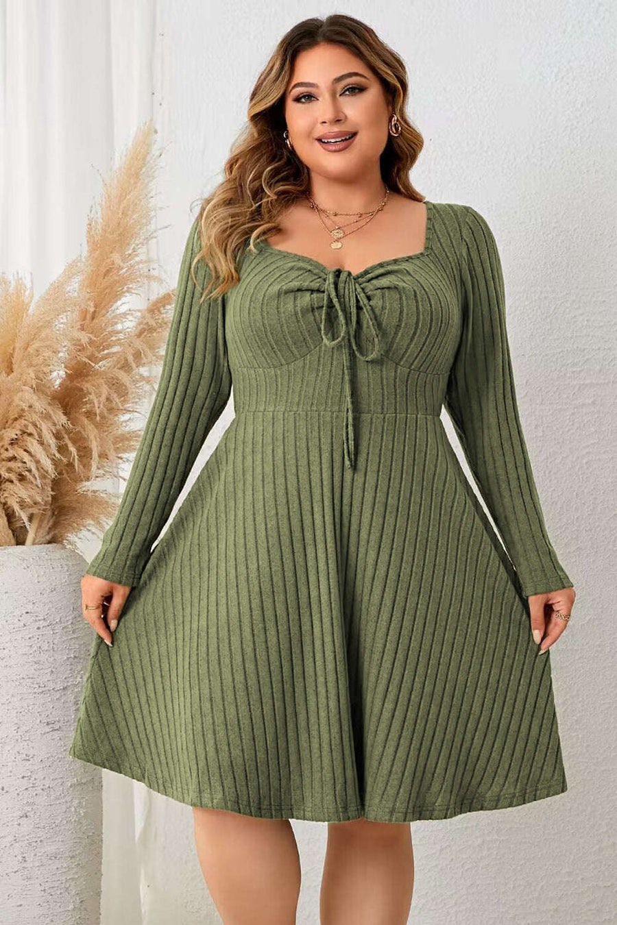 Robe Côtelée Col Cœur Manches Longues Grande Taille