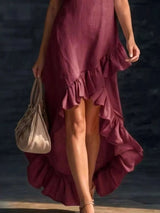 Full Size V-Neck Ruffle Hem High-Low Dress Plus Size - photo produit 4 - VELZAR