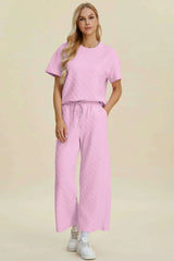 Double Take – Ensemble Haut Texturé Col Rond Manches Courtes et Pantalon Grande Taille - photo produit 4 - VELZAR
