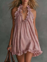 Full Size Ruffled Trim Halter Neck Mini Dress Plus Size - photo produit 1 - VELZAR