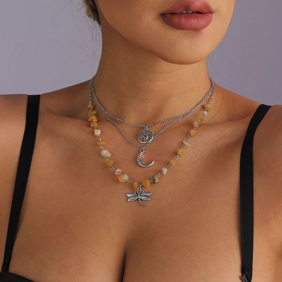 3-Piece Bohemian Layered Dragonfly Moon Tree Pendant Necklace