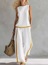 Ensemble Haut Sans Manches Rayures Contrastantes et Pantalon Jambe Large Grande Taille - photo produit 3 - VELZAR