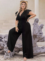 Plus Size Lace Cap Sleeve Wide Leg Jumpsuit - photo produit 3 - VELZAR